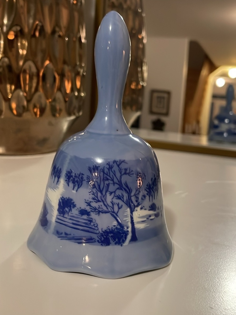 Currier & Ives Vintage Blue and White Porcelain Decorative Bell